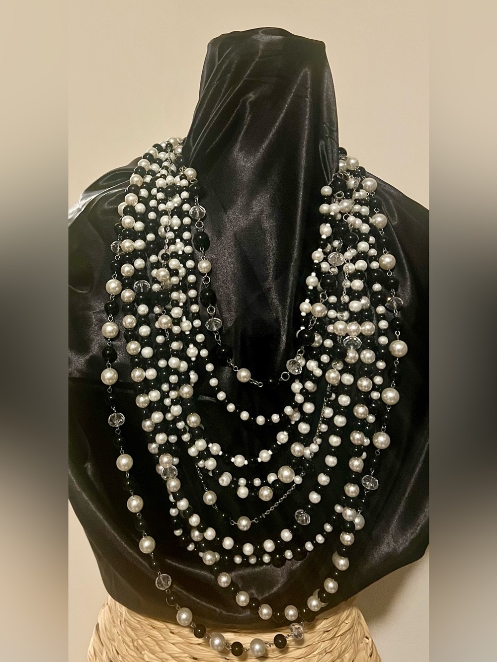 Multi-Strand Pearl Drop Necklace - White & Black